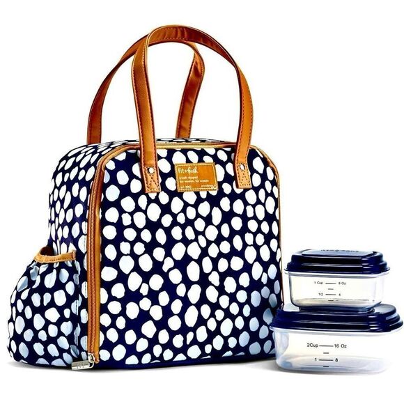 NWT Fit & Fresh 3 Pieces Insulated White Navy Tan  Lunch Bag & 2 Food Containers - Picture 1 of 12